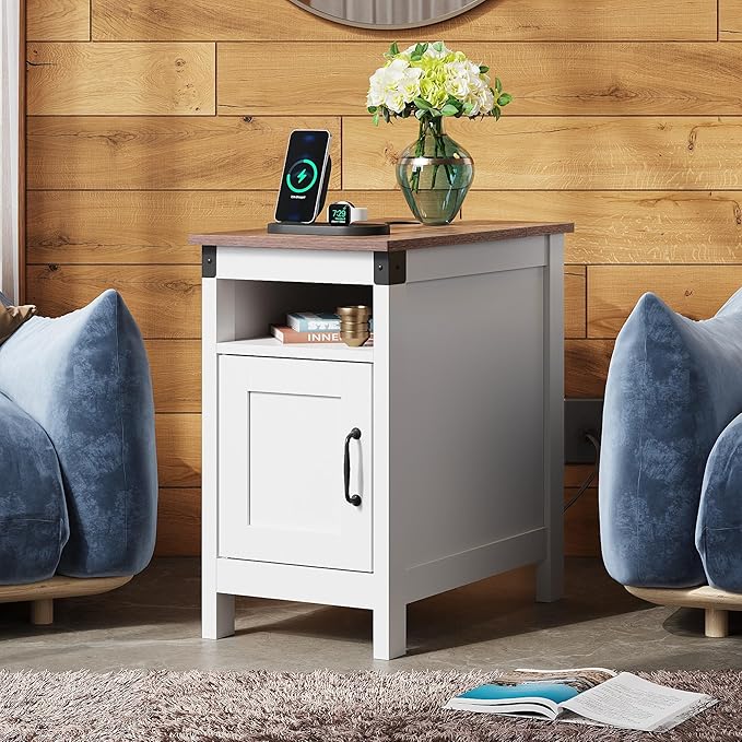 WLIVE End Table with Charging Station, Narrow Side Table for Living Room, Farmhouse Night Stand with Storage, Small Wooden Cabinet with USB Ports and Outlets for Living Room and Bedroom, White
