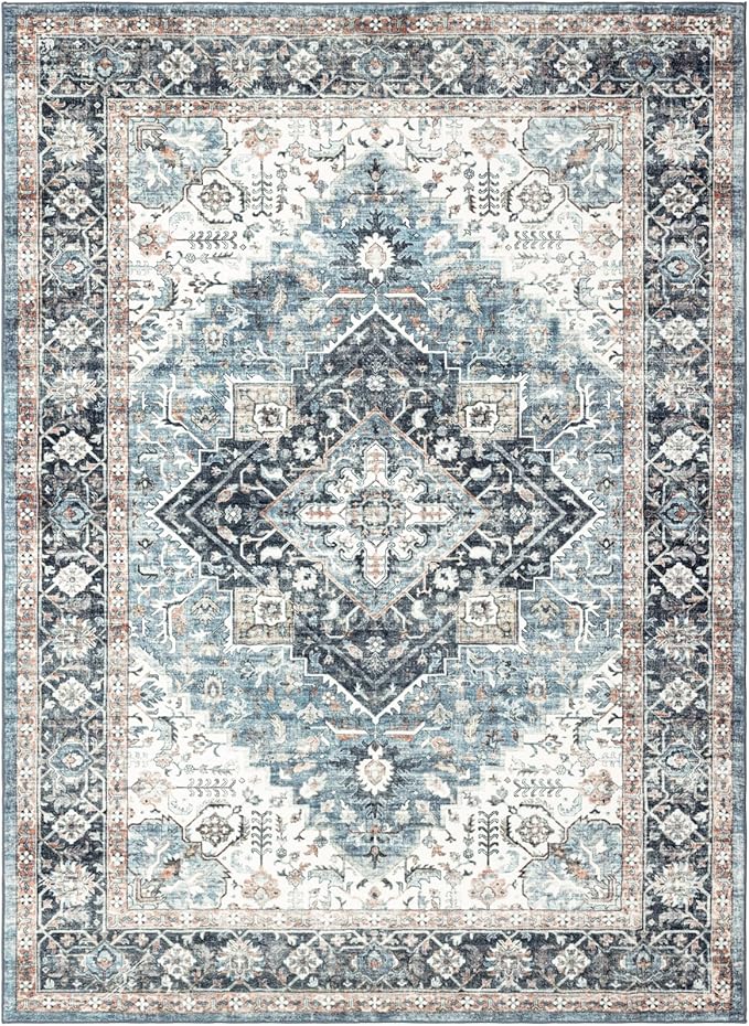 Domitapis Area Rug 5×7, Vintage Boho Rug,Ultra-Soft Low Pile, Washable, Non Slip,Stain Resistant Printed Carpet for Living Room Bedrooms Playroom Office Kitchen, Blue/Navy