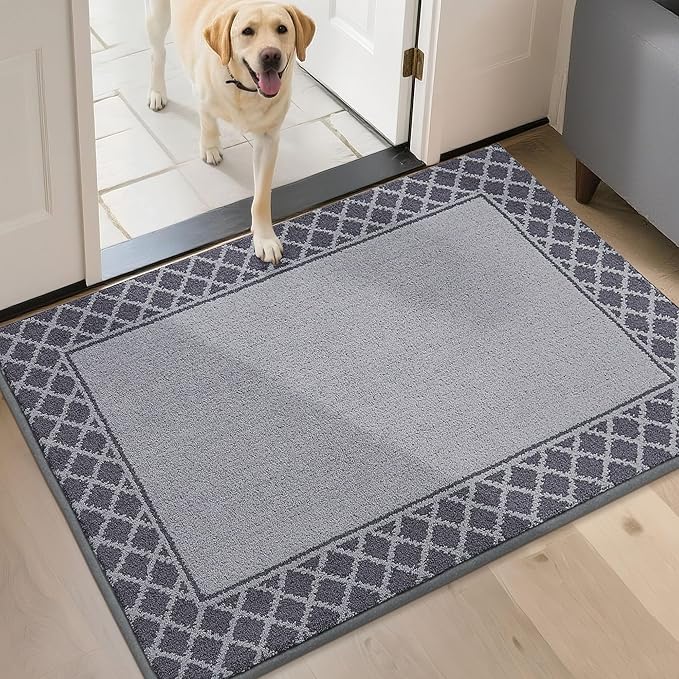 BEQHAUSE Door Mat Dirt Trapper Non Slip Entryway Rugs Absorbent Welcome Mat Low Profile Washable Front Door Mat for Muddy Paws,Entrance,Hallway, 24" x 36",Grey