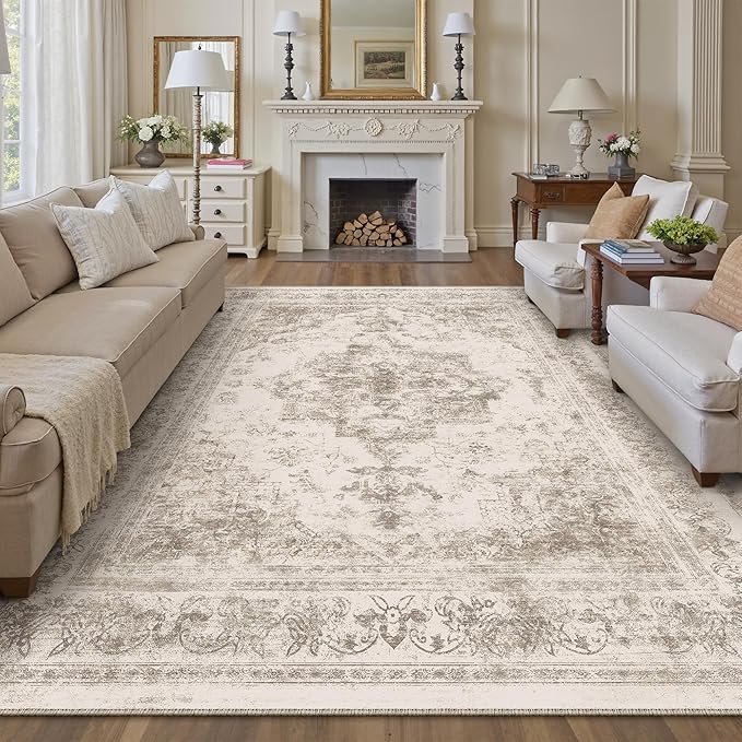 PureCozy Area Rug 8x10 Beige Washable Living Room Carpet Non Slip Vintage Medallion Indoor Bedroom Carpet Low Pile Soft Retro Distressed Large Rug Home Office Dining Room Playroom