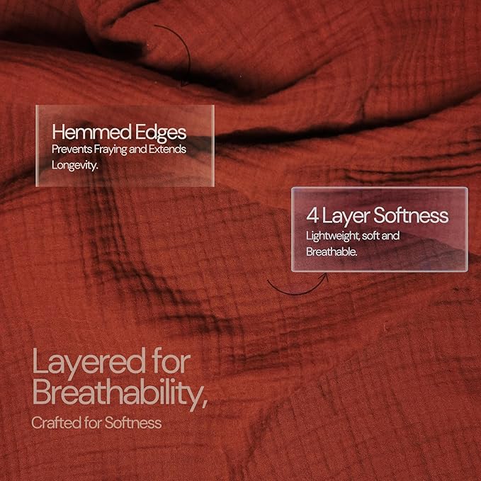 Salt Earth 100% Cotton Muslin Throw Blanket, 80"X90" Queen 4 Layered Gauze Blanket Throw for Couch, Bed, Living Room, Home, Light Christmas Blankets and Throws for Christmas Gifts (Picante)
