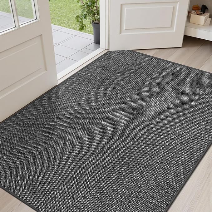 ENHASIV Ultra Thin Indoor Door Mat 36"x59", Washable Door Mat Indoor Entrance, Non Slip Rubber Backing Doormat Low-Profile Inside Entryway Mat, Unique Herringbone Design Entry Mat, Dark Grey (FOLD)