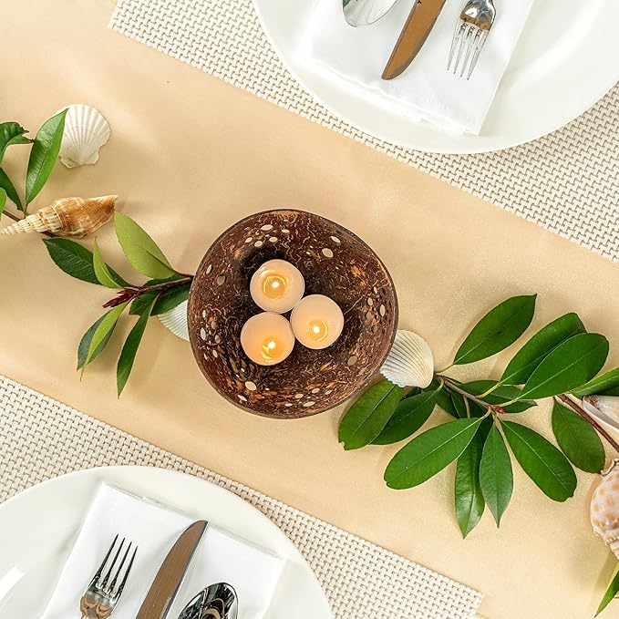Restaurantware-Coco Casa 5.1 x 2 Inch Coconut Shell Candle Holders, 10 Reusable Tealight Holders - Candle Not Included, Sun Pattern, Brown Coconut Bowls For Candles, Handcrafted