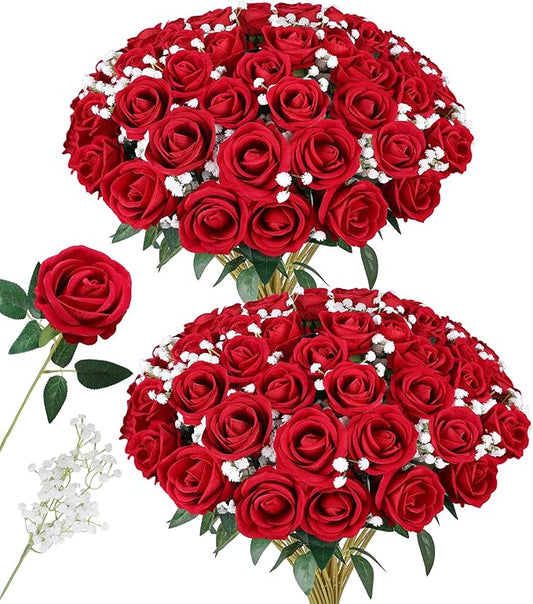 HyeFlora 35 PCS Artificial Red Roses with 15 PCS Fake Baby Breath Realistic Fake Flowers Bouquet with Long Stem for DIY Wedding Party Home Decoration Vase Tables Centerpieces Arrangements Gift for Her