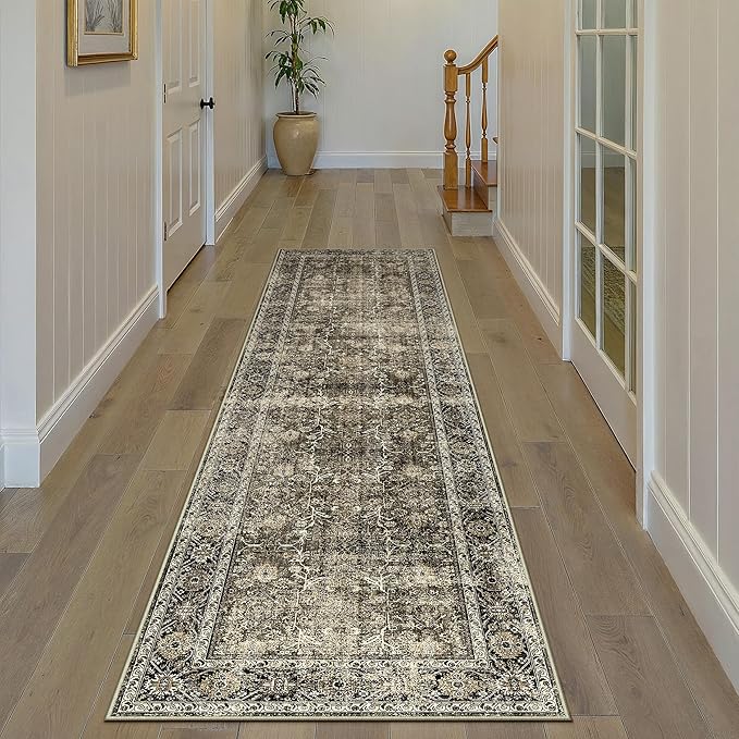 PureCozy Brown Runner Rug 3x7 Vintage Area Carpet Hallway Long Indoor Kitchen Washable Living Room Low Pile Traditional Distressed Retro Accent Throw Rug Non Slip Laundry Bathroom Office Dining Room