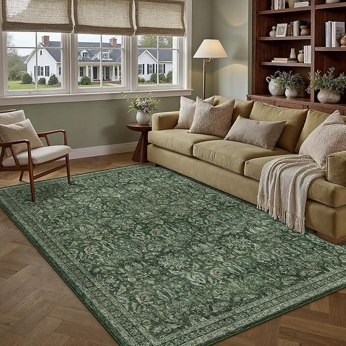 PureCozy Dark Green 6x9 Area Rug Washable Vintage Living Room Bedroom Carpet Indoor Large Non Slip Soft Low Pile Thin Rug Retro Accent Throw Office Dining Room