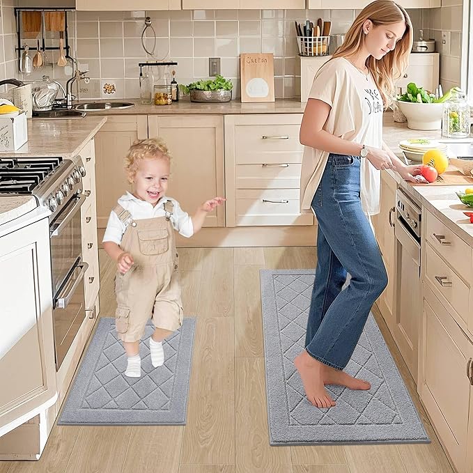 JSEI Non-Slip Kitchen Rugs, Self Adhesive No Sliding Kitchen Mats Set of 2, Soft Washable Absorbent Floor Mat for Kitchen, Bathroom, Laundry Room, Bedroom, 20”x32”+32”x48”, Light Grey, Diamond Pattern