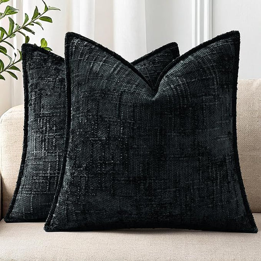 decorUhome Chenille Throw Pillow Covers 16x16 Set of 2, Thick Textured Slubby Neutral Decorative Pillow Covers with Elegant Design for Couch, Sofa, Living Room, Black