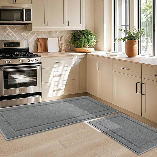 JSEI Non-Slip Kitchen Mats, Self Adhesive No Sliding Kitchen Rugs Set of 2, Washable Absorbent Floor Mat for Kitchen, Bathroom, Laundry Room, Bedroom, 24”x36”+24”x60”, Light Grey, Rectangular Pattern