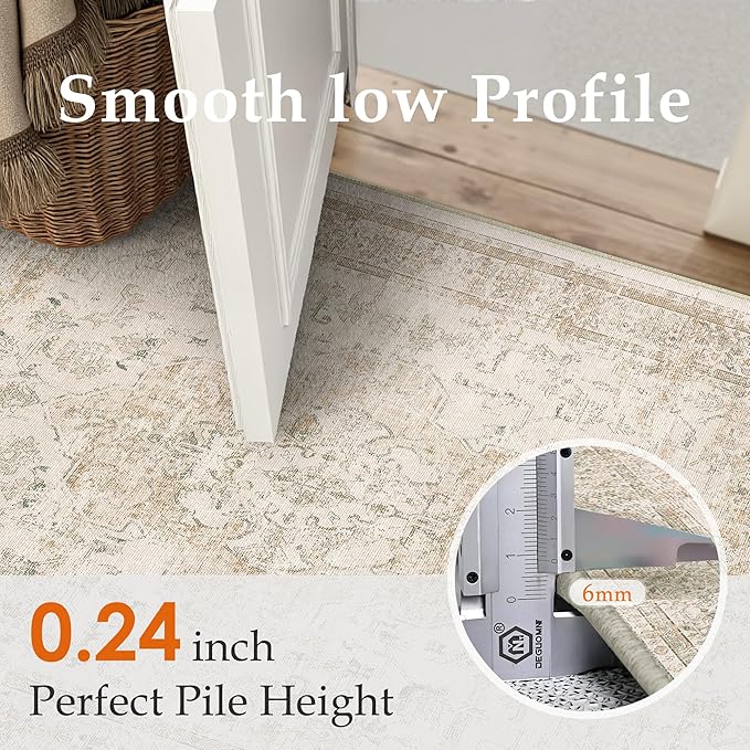 PureCozy Hallway Runner Rug 2x5 Washable Beige Vintage Distressed Runner Oriental Soft Thin Indoor Carpet Non Slip Low Pile Throw Rug for Kitchen Bedroom Laundry Bedside Entryway
