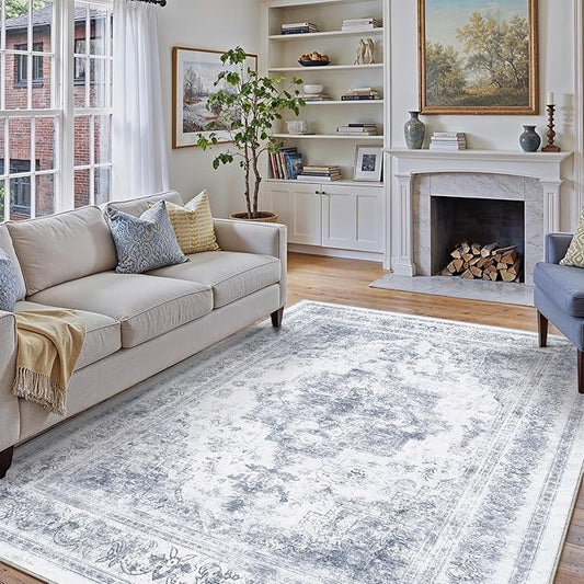 PureCozy Washable Rug 8x10 Area Rug for Living Room Blue Vintage Boho Medallion Large Distressed Retro Carpet Non Slip Indoor Low Pile Small Soft Bedroom Dining Room Home Office