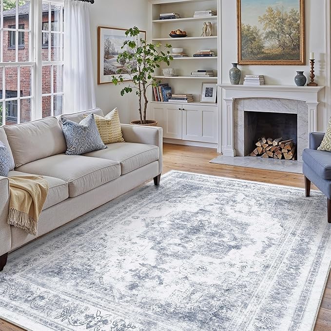 PureCozy Washable Rug 6x9 Area Rug for Living Room Blue Vintage Boho Medallion Large Distressed Retro Carpet Non Slip Indoor Low Pile Small Soft Bedroom Dining Room Home Office
