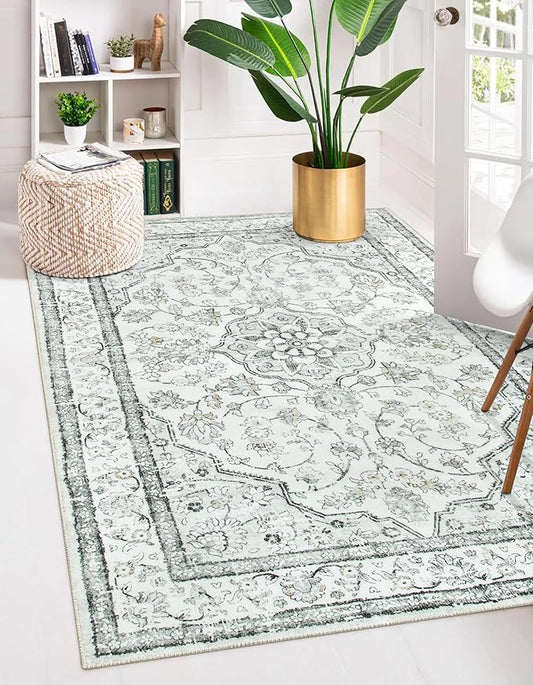 Lahome Oriental 3x5 Rug,Washable Entry Rugs for Inside House Non-Slip,Boho Grey Rugs for Living Room,Traditional Vintage Bathroom Carpet Thin Throw Rug for Bedroom Entryway Kitchen,(3x5ft,Light Gray)