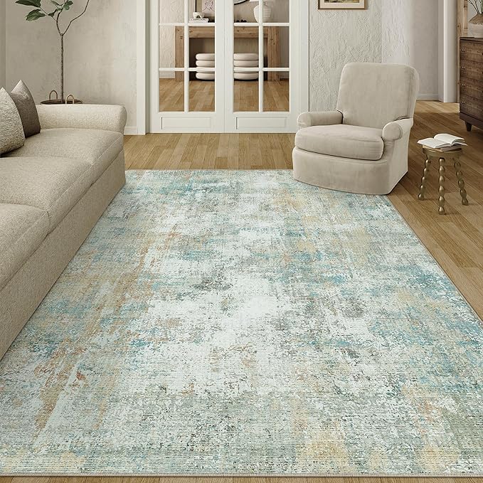WondRg 5x7 Washable Area Rug Teal Beige Abstract Living Room Bedroom Carpet Neutral Modern Non-Slip Soft Low Pile Lightweight Vacuumable Throw Rug for Dining Room Entryway