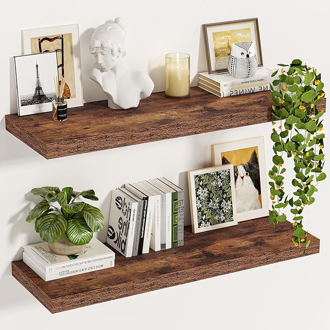 Vivelove 12" Deep Floating Shelves for Wall, [Wood Grain Texture] 35.4" Long Wall Shelves for Living Room Bedroom Bathroom Kitchen Office, Farmhouse Rustic Shelves Home Decor, Set of 2, Rustic Brown