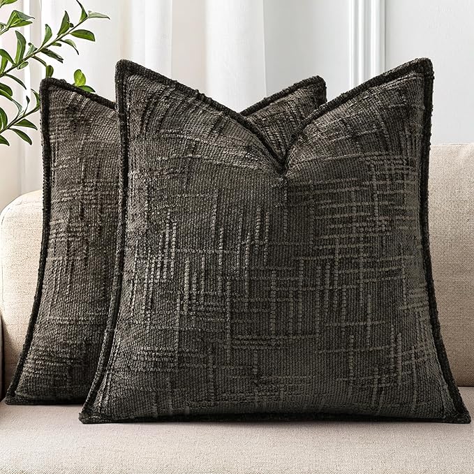 decorUhome Chenille Throw Pillow Covers 20x20 Set of 2, Thick Textured Slubby Neutral Decorative Pillow Covers with Elegant Design for Couch, Sofa, Living Room, Chocolate