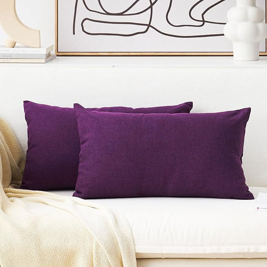 Home Brilliant Lumbar Pillow Covers Lined Linen Burlap Rectangular Accent Throw Cushion Cover for Bedroom, 12x20 inches, Set of 2, Purple