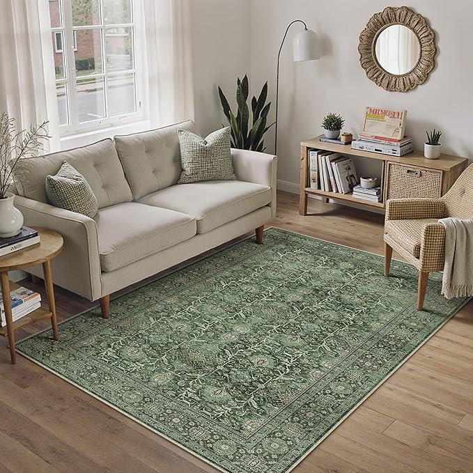 PureCozy Green Area Rug 4x6 Washable Office Entryway Carpet Soft Vintage Indoor Kitchen Living Room Door Mat Traditional Retro Distressed Thicker Throw Small Rug Bedroom Dining Room Bathroom