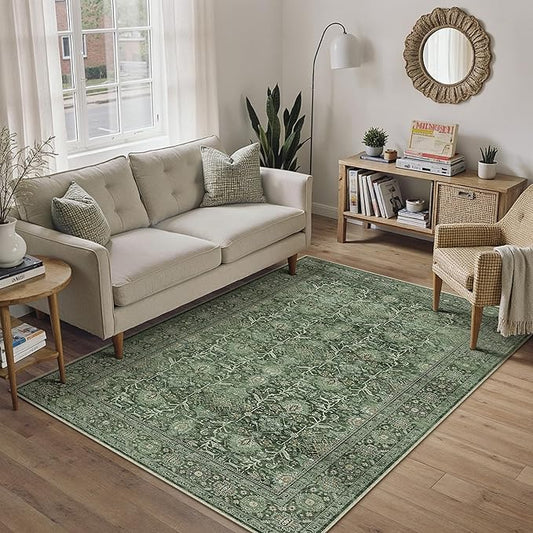 PureCozy Green Area Rug 4x6 Washable Office Entryway Carpet Soft Vintage Indoor Kitchen Living Room Door Mat Traditional Retro Distressed Thicker Throw Small Rug Bedroom Dining Room Bathroom