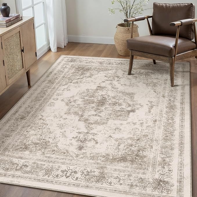 PureCozy Area Rug 5x7 Beige Washable Living Room Carpet Non Slip Vintage Medallion Low Pile Soft Indoor Bedroom Retro Distressed Indoor Rug for Kitchen Home Office Laundry Dining Room
