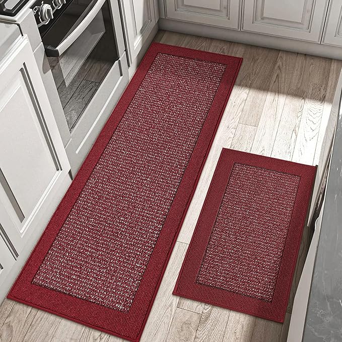 BEQHAUSE Kitchen Rugs and Mats Set of 2 Non-Slip Kitchen Mats for Floor, Absorbent and Stain Resistant Kitchen Runner, Machine Washable Rugs for Kitchen, Laundry & Sink, 20"x32"+20"x48", Red