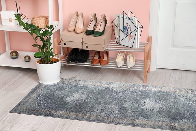 RugOver Machine Washable Area Rug, Pet-Friendly and Non-Slip Indoor Carpet for Kitchen, Bathroom, Living Room, Home Floor Decoration(Ash/Champagne, 2'6" x 6'6")