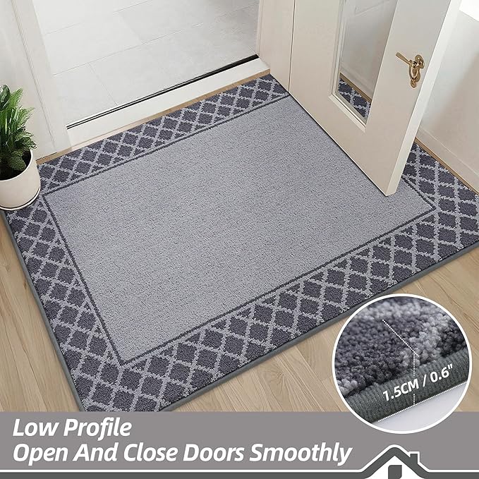 BEQHAUSE Door Mat Dirt Trapper Non Slip Entryway Rugs Absorbent Welcome Mat Low Profile Washable Front Door Mat for Muddy Paws,Entrance,Hallway, 36" x 60",Grey