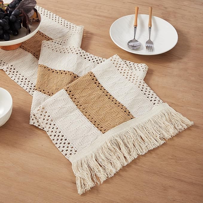 Denique Boho Placemats Set of 13 PCS - Handmade Grass Woven Meal Mats and Natural Cotton Linen Burlap, with 1 Macrame Burlap Table Runner 12x70inch, Table Mats Set for Dining Table Kitchen