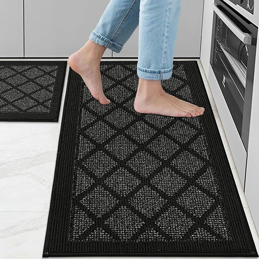 COSY HOMEER Kitchen Mats, 2 PCS Kitchen Rug Non Slip Washable, Absorbent Runner Rugs for Kitchen Floor, 100% Polypropylene Kitchen Sink Rug 20"x32" + 20"x48"(Black)