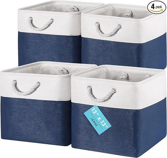 OrganiHaus 12x12 Cube Storage Bins 4 Pack, Foldable Cube Storage Organizer w/ Rope Handles, Collapsible Fabric Bins for Toys, Clothes & Closet Organization, Fabric Square Baskets - Navy Blue
