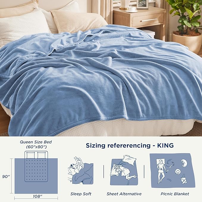 Bedsure Fleece King Size Blanket for Bed - GentleSoft Warm, Cozy, Soft & Thick Blanket for Winter, Heavy 500Gsm Anti-Static Design, Ideal for Couch & Sofa, Ashley Blue, 108x90 Inch
