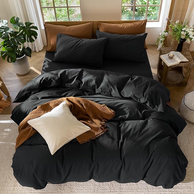 MooMee Bedding Duvet Cover Set 100% Washed Cotton Linen Like Textured Breathable Durable Soft Comfy (Solid Black, Queen 90"x90")