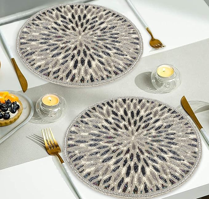 Beaded Charger 13" Round Floral Marigold - Silver Dark Grey Placemat for Dining Table, Holiday & Christmas