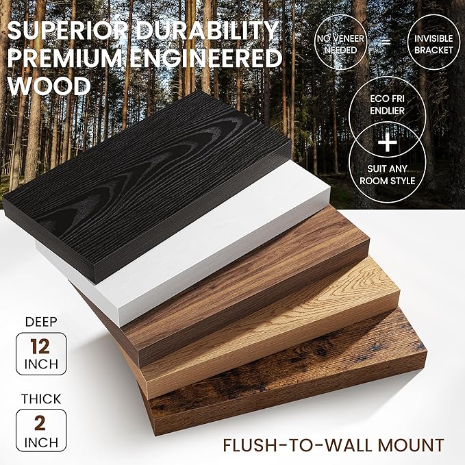 30Inch White Floating Shelves for Wall, 12 Inch Deep Shelves for Bedroom, Kitchen, Bathroom Wall Mounted, Rustic Wood Floating Shelf with Invisible Brackets for Books, Storage, Decor, 2 Packs