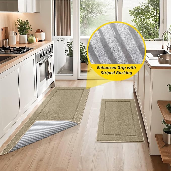 JSEI Non-Slip Kitchen Mats, Self Adhesive No Sliding Kitchen Rugs Set of 2, Washable Absorbent Floor Mat for Kitchen, Bathroom, Laundry Room, Bedroom, 20”x32”+32”x48”, Beige, Rectangular Pattern