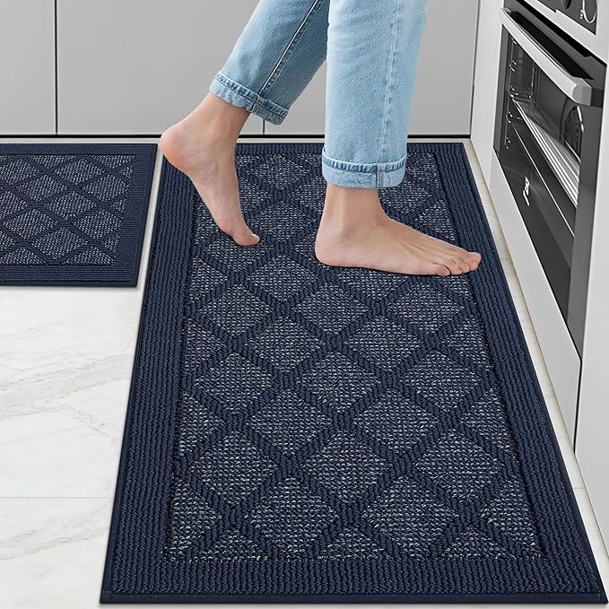 COSY HOMEER Kitchen Mats, 2 PCS Kitchen Rug Non Slip Washable, Absorbent Runner Rugs for Kitchen Floor, 100% Polypropylene Kitchen Sink Rug 20"x32" + 20"x48"(Blue)