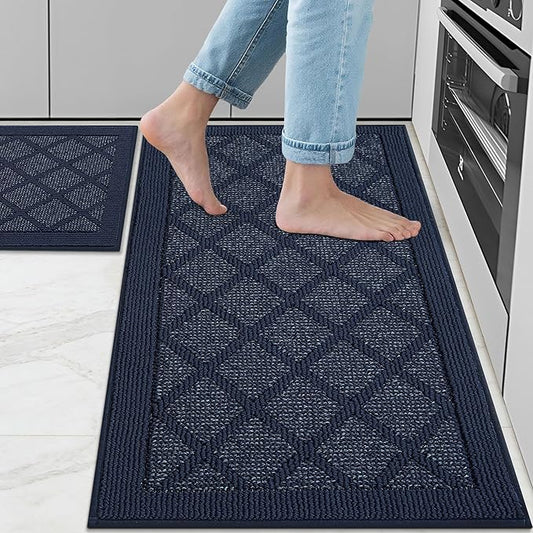 COSY HOMEER Kitchen Mats, 2 PCS Kitchen Rug Non Slip Washable, Absorbent Runner Rugs for Kitchen Floor, 100% Polypropylene Kitchen Sink Rug 20"x32" + 20"x48"(Blue)