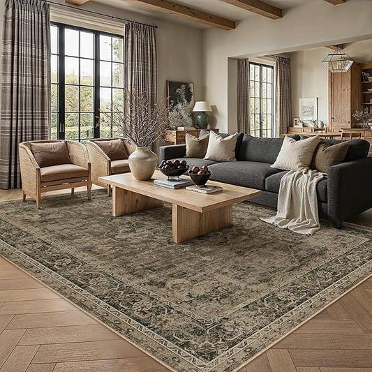 PureCozy 6x9 Washable Area Rug Brown Vintage Distressed Large Rug for Living Room Oriental Soft Thin Indoor Retro Carpet Non Slip Low Pile Floor Cover for Bedroom Dining Room Office Nursery