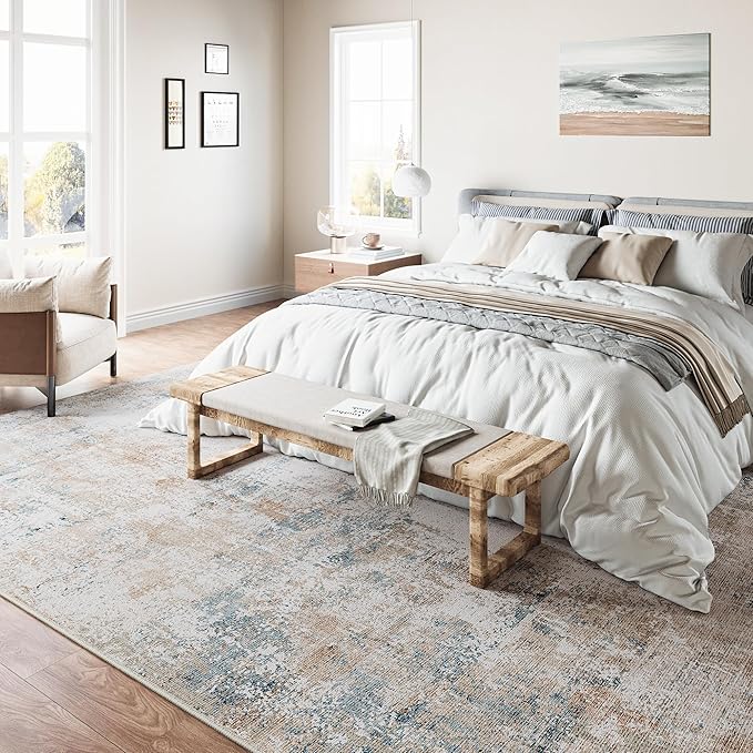 WondRg 5x7 Washable Area Rug Beige Blue Abstract Living Room Bedroom Throw Rug Neutral Modern Non Slip Soft Low Pile Carpet for Kitchen Dining Room Office Entryway