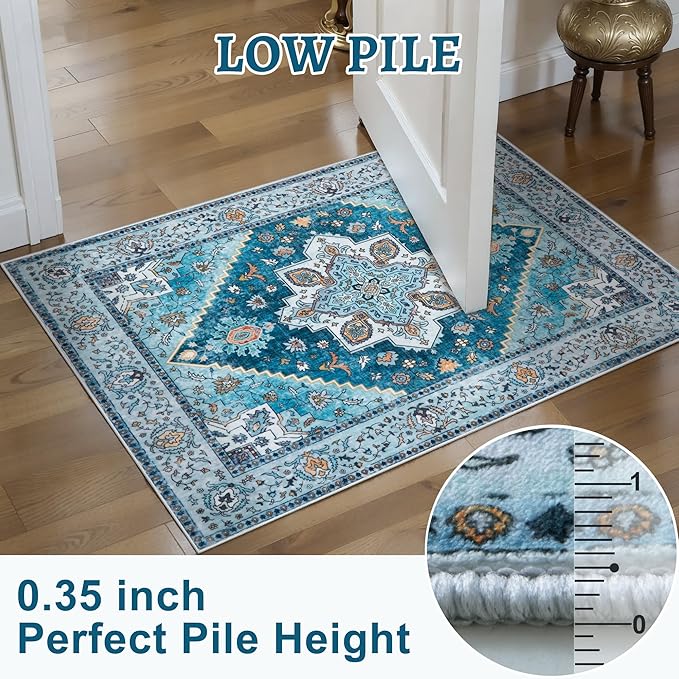 Tangsoo Blue 4x6 Area Rug, Vintage Washable Non Slip Indoor Rugs, Oriental Machine Washable Rug Carpet, Soft Low Pile Foldable Floor Rugs for Dining Room Bedroom Living Room Home Decor