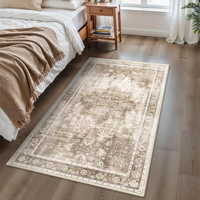 BESBLEE 3x5 Area Rugs for Living Room, Machine Washable Non Slip Vintage Rugs, Low Pile Lightweight Print Rug for Bedroom, Dining Room, Home Office, Latte Beige