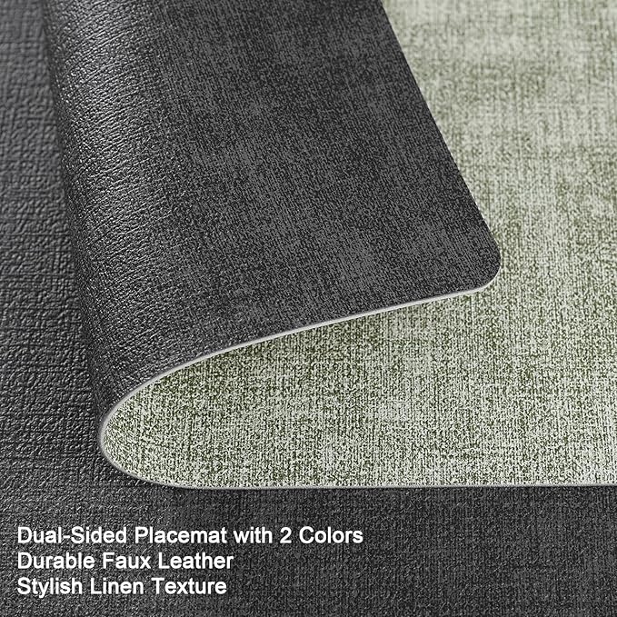 Myir JUN Dual Sided Placemats, Faux Leather Set of 6 Indoor/Outdoor Square Non-Slip Washable Table Mats (Gray Grass Green)