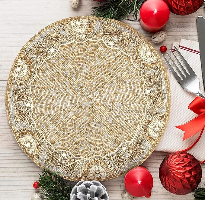 Gold & Silver Beaded Round Placemats - 13 in, Perfect for Holidays & Dining Tables, Glitz Charger Included