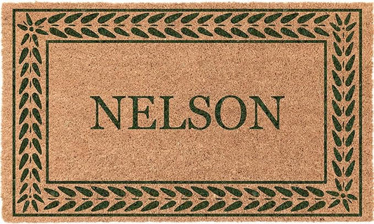 COCO MATS 'N MORE Green Leafy Vines Bordered Personalized Coco Doormat 18" x 30" with Vinyl Backing | Doormat Outdoor Catches Dirt for a Clean Home | Unique Housewarming Gifts