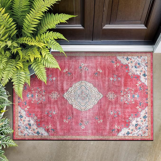 Beverly Rug Non Slip Rugs 2x3 Boho Medallion Floral Non Skid Rubber Backing Easy Silk Soft Entry Rug for Living Room Easy to Clean Non Shedding Kitchen Bedroom Indoor Carpet (2 x 3 Fuchsia - Cream)