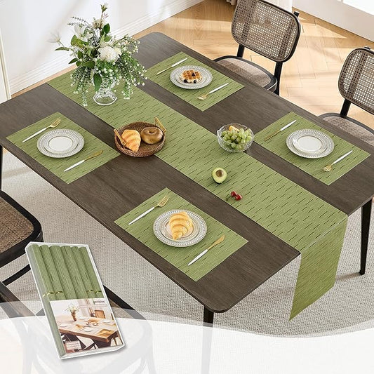 Leetaltree Pea Green Table Runner and Placemats Set of 5, Heat Resistant Non-Slip Place mats for Dining Table, Washable Durable PVC Vinyl Woven Table Mats Set