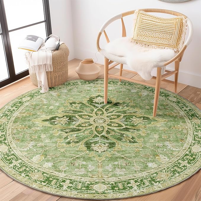 RELEANY Area Rugs 4ft Washable Non-Slip, Floral Vintage Distress Print Pattern Medallion Carpet for Living Room Bedroom Dining Room, Sage Green Yellow