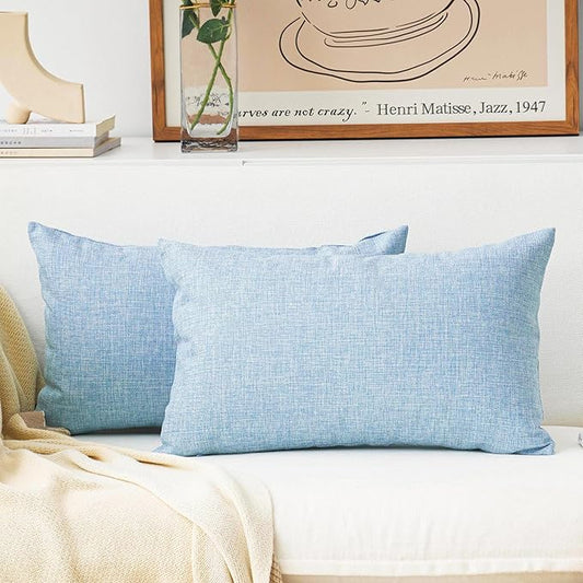 Home Brilliant Lined Burlap Linen Decorative Pillowcases Oblong Cushion Cover for Bench, 2 Pack, 12" x 20", Light Blue
