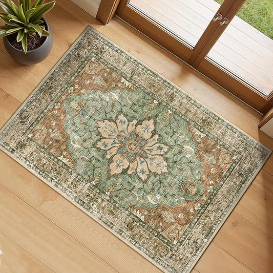 RELEANY Area Rugs 2'x3' Washable Non-Slip, Floral Vintage Distress Print Pattern Medallion Carpet for Living Room Bedroom Dining Room, Brick Red Rust Neutral Brown Burnt Orange Green