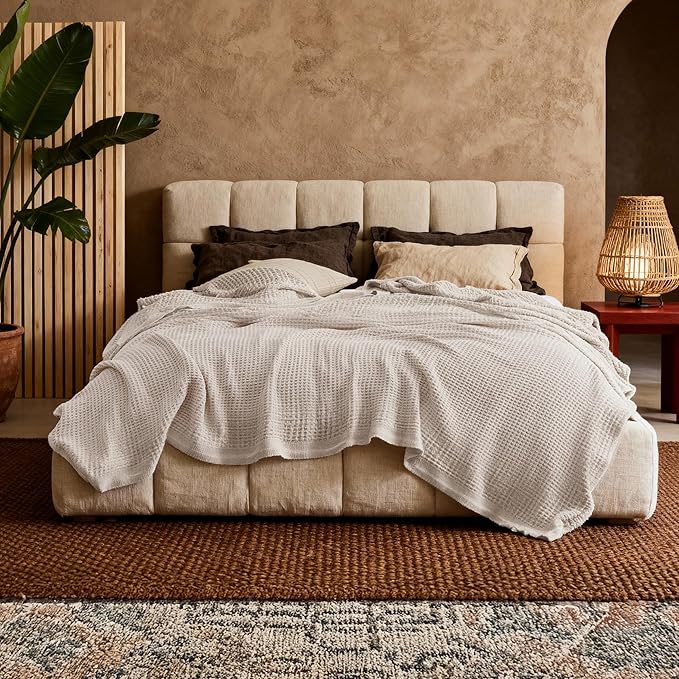 Bedsure Gentlesoft 100% Cotton Blanket Queen Size for Bed - Breathable and Soft for Spring Summer, Thick Cozy Waffle Weave Blanket Gifts for Women, Begie, 90x90 Inches
